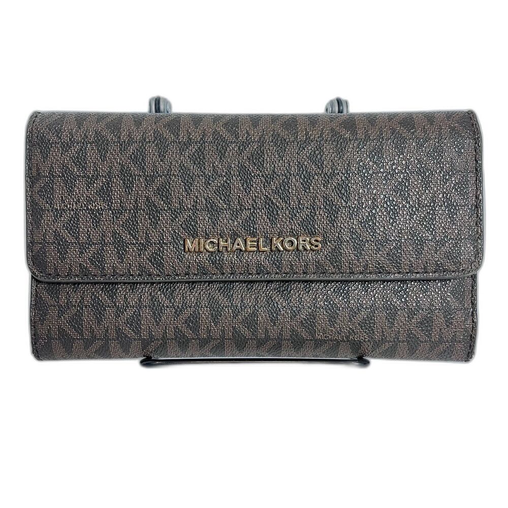 Michael Kors Jet Set Travel Trifold Wallet MK Monogram Brown Gold Tone